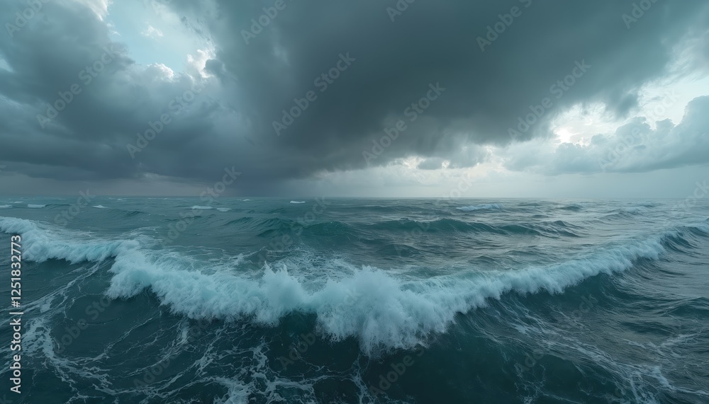 Fototapeta premium Stormy sea HDRI environment map spherical panorama in 360 degrees. High resolution shot of dark turquoise ocean and dramatic sky with dark rain clouds above horizon. Bad weather.