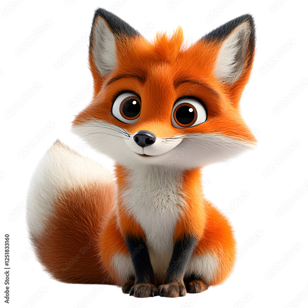 Fluffy 3D Cartoon Fox Sitting Down Isolated on Transparent Background Fluffy 3D Cartoon Fox Sitting Down Isolated on Transparent Background