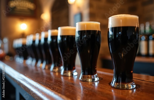 Row of dark stout pints with creamy foam heads in pub. Celebrating Ireland iconic brew, rich history, tradition. Perfect cool beverage on wooden table background.