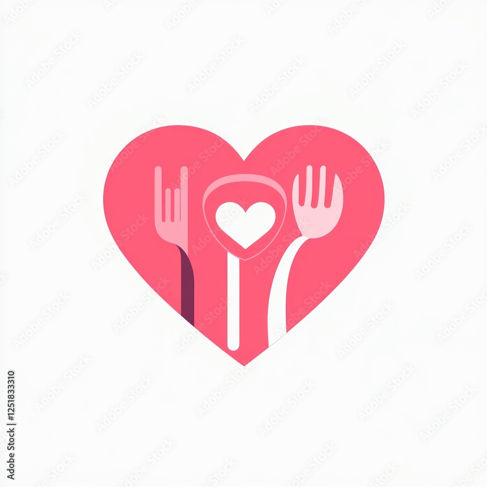 Heart-shaped logo with fork, spoon, and love symbol. Restaurant design Heart-shaped logo with fork, spoon, and love symbol. Restaurant design