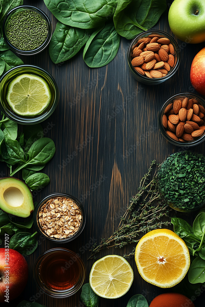 Top View of Fruits, Vegetables, and Spices on Rustic Wooden Background with Copy Space Top View of Fruits, Vegetables, and Spices on Rustic Wooden Background with Copy Space