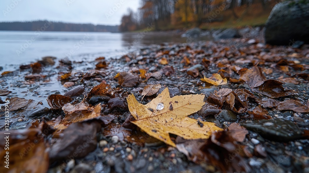 Autumn leaf by lake, rain, fall colors, tranquil scene, nature background Autumn leaf by lake, rain, fall colors, tranquil scene, nature background