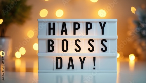 Lightbox displays Happy Boss Day text. Bokeh lights and decorations add warm glow. Ideal for corporate appreciation themes gift ideas celebrations and leadership campaigns in office environments. photo