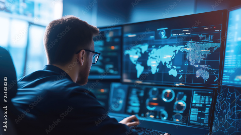 Professional Man Analyzing Data on Multiple Computer Screens in Office Professional Man Analyzing Data on Multiple Computer Screens in Office