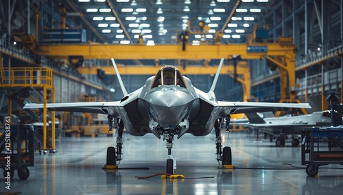 A sleek, gray fighter jet stands proudly in a large hangar, reflecting the bright lights overhead. The scene is powerful and industrial.