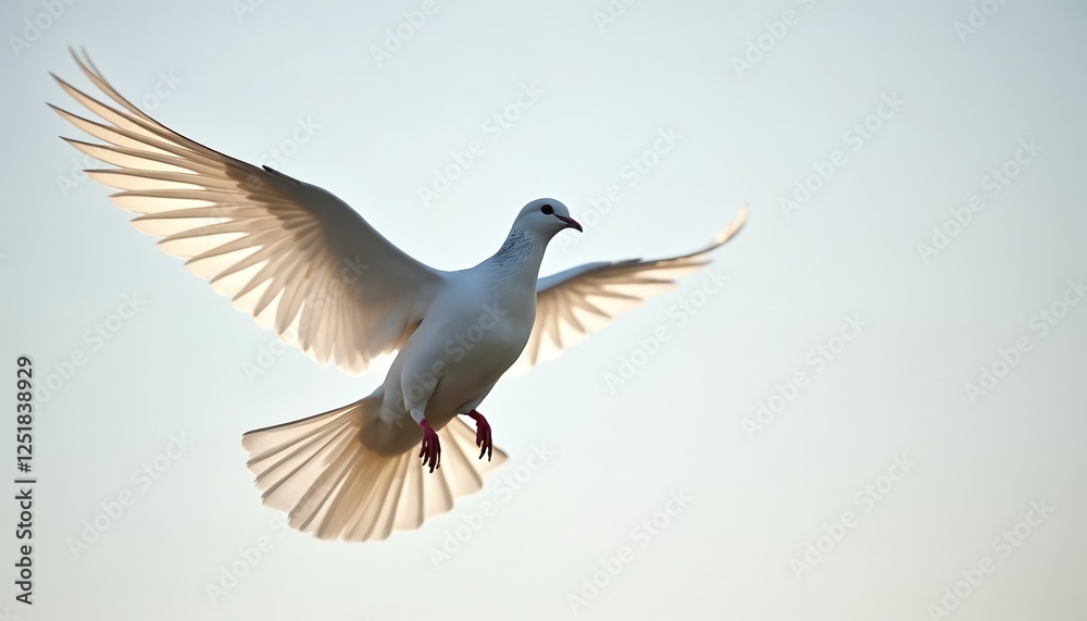 Obraz premium White dove flies in air against clear sky. Bird soars freely, wings spread. Symbol of peace, purity, faith, freedom and hope with large copyspace. Ideal for easter, christmas, wedding card background.