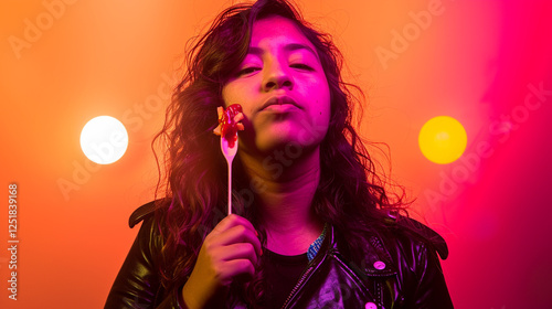 beautiful young peruvian woman eating french fries with ketchup,