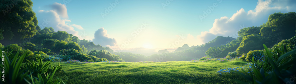 Obraz premium Serene Landscape with Lush Greenery and Gentle Sunlight