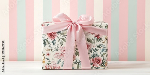 Delicately wrapped floral gift box with a soft pink ribbon, set against a pastel decorative background photo