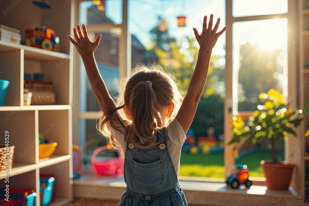 Fototapeta premium Joyful Girl Celebrating in Sunlit Playroom with Beautiful Glowing Garden View