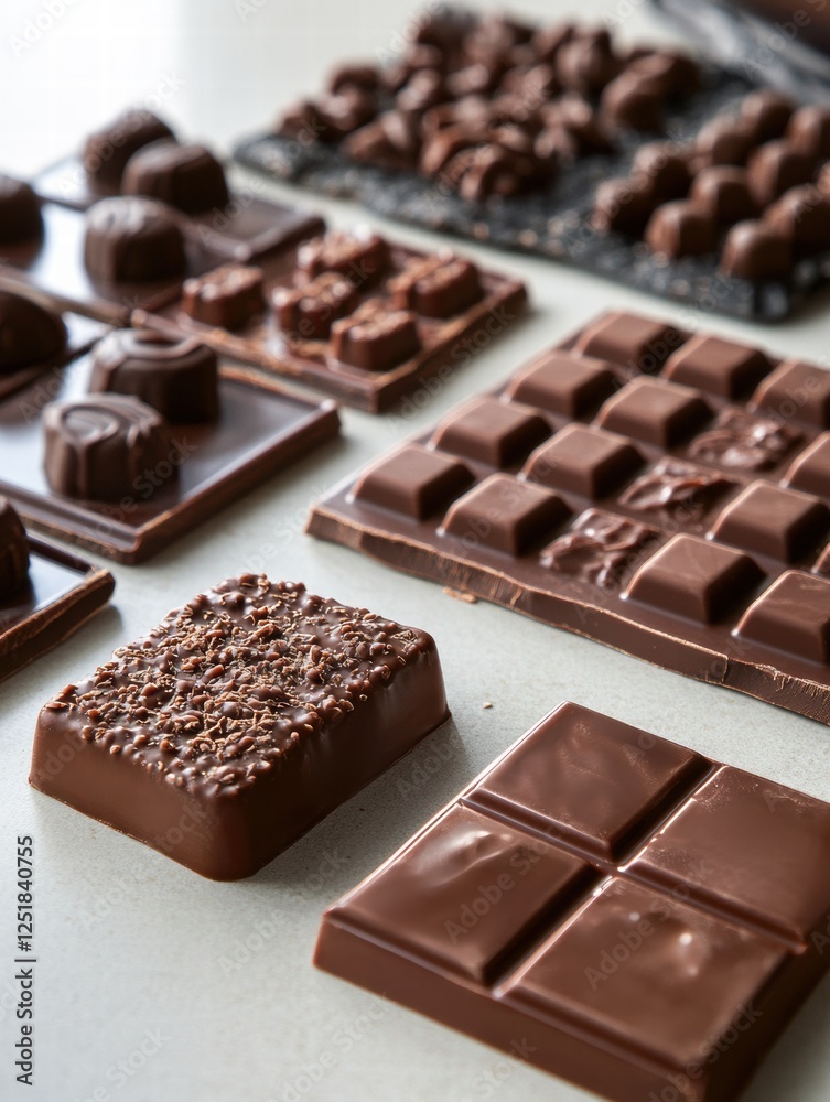 Delicious handmade chocolates arranged on a table showcasing various designs and textures. Generative AI