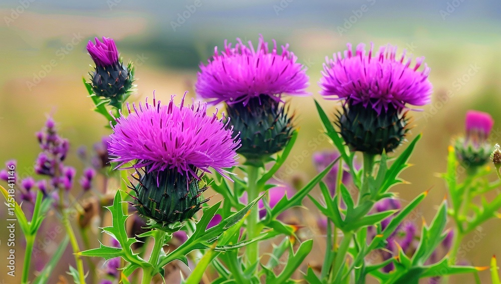 Vibrant purple thistle flowers in full bloom, showcasing their spiky texture and delicate petals against a blurred background. Vibrant purple thistle flowers in full bloom, showcasing their spiky texture and delicate petals against a blurred background.