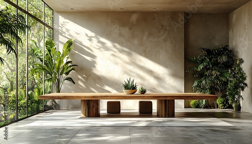 Minimalist dining room interior with a wooden table, sleek chairs, a large window, and sunlight streaming in