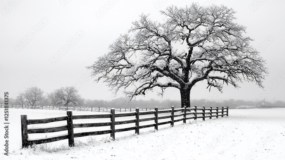 Snowy Winter Landscape with Old Fence and Tree Snowy Winter Landscape with Old Fence and Tree