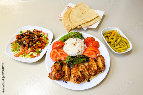 Chicken wings barbeque in a dish with BBQ grill sauce . Izgara tavuk kelebek sis kanat. Izgara tavuk sis, gogus.