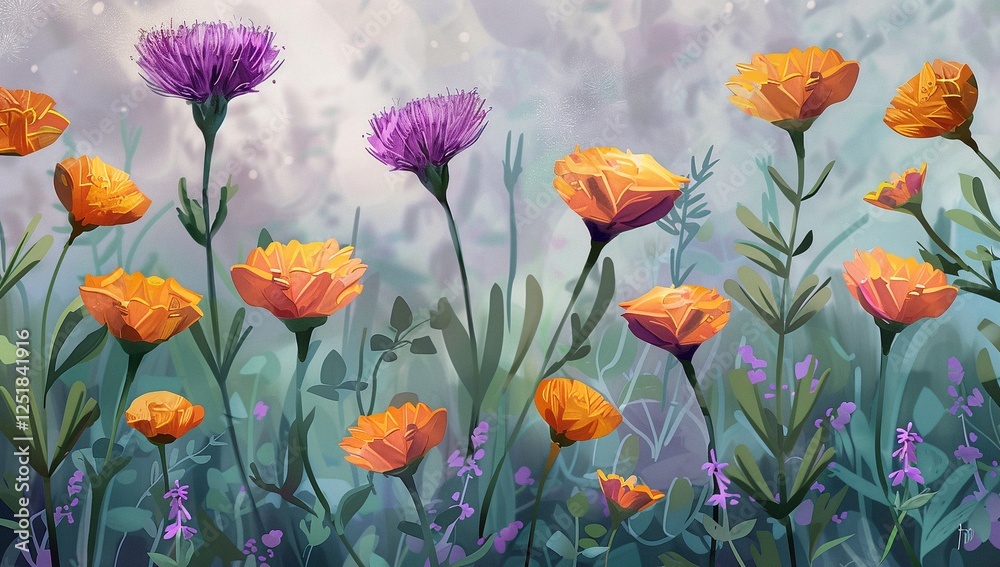 Fototapeta premium Vibrant orange and purple wildflowers in a dreamy, softly lit field. A stunning display of nature's beauty.