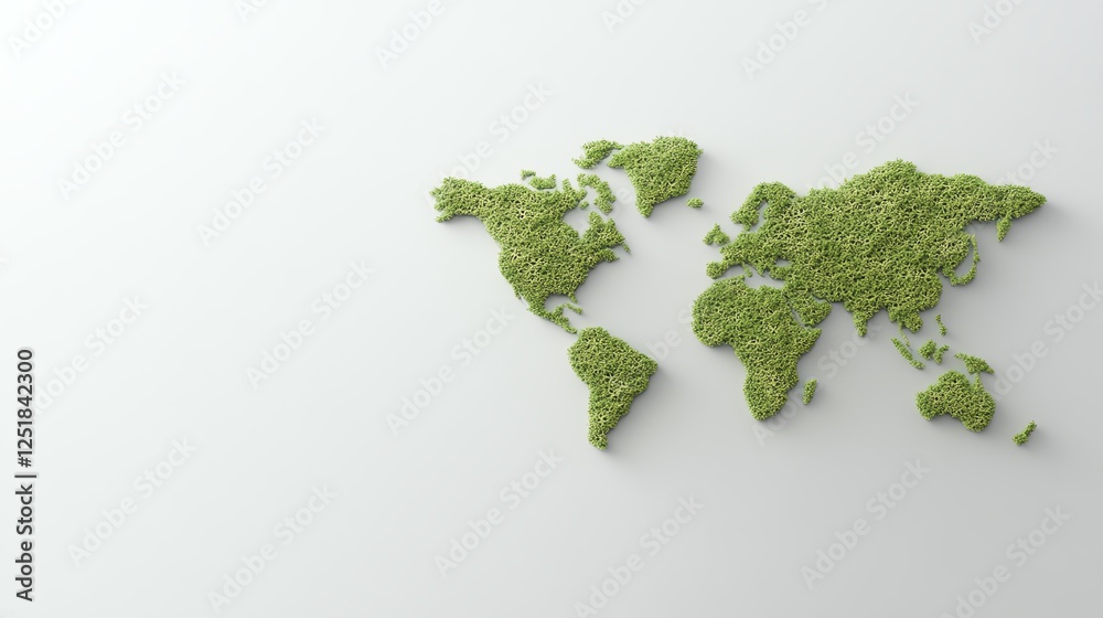 World map formed with green plants on white surface symbolizing global environmental conservation. World map formed with green plants on white surface symbolizing global environmental conservation.