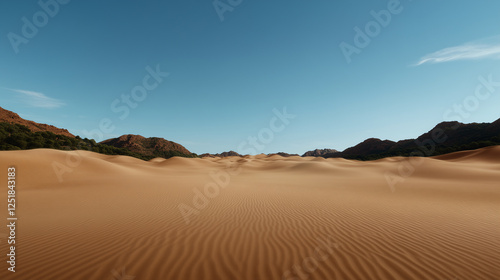 A calm desert morning with sunlight illuminating the sand dunes 