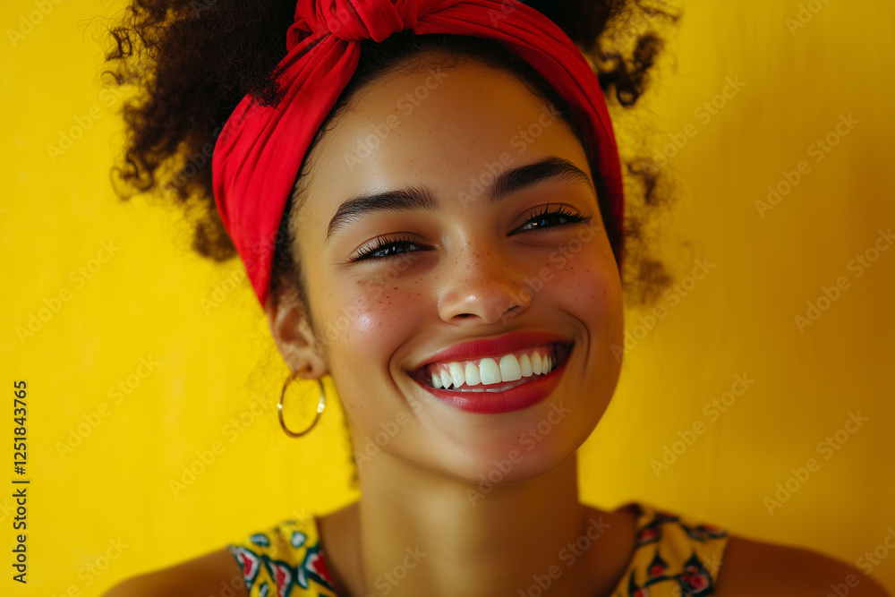 smile, portrait photo of a afrowoman with red headband on her head, international women's day. March 8, yellow background smile, portrait photo of a afrowoman with red headband on her head, international women's day. March 8, yellow background