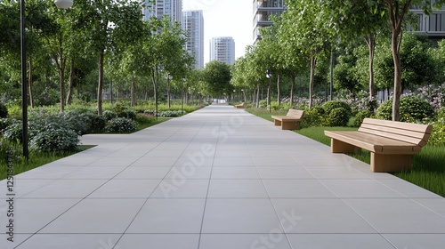A tranquil urban walkway lined with trees and benches, flanked by modern buildings under a clear sky.