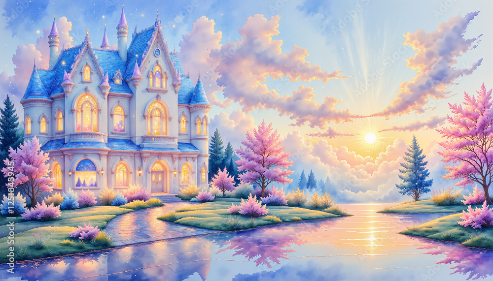 Fototapeta premium Majestic castle at sunrise surrounded by serene nature, dreamlike beauty