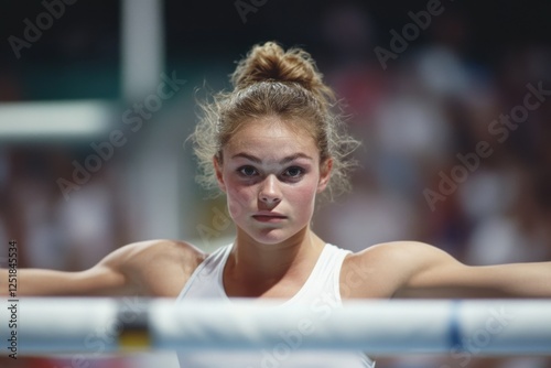 Young female gymnast with a determined expression, standing in front of parallel bars in a competition setting. This image represents focus, strength, and dedication in sports. photo