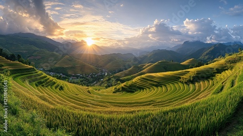 Sunset illuminating rice terraces in Mu Cang Chai, Vietnam