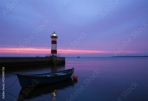 Roker pier lighthouse stands tall at dusk, with a pastel pink sky mirrored in the calm water, creating a serene atmosphere. photo