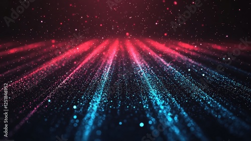 Abstract background with red and blue glowing particles creating a starburst effect
