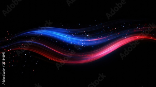 Abstract background with red and blue glowing streaks forming wavy lines on dark space