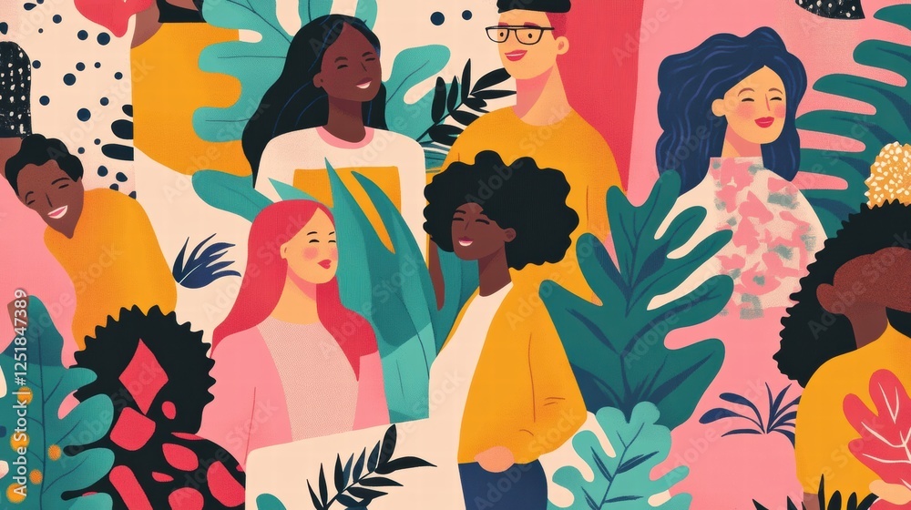 Diverse group of people smiling amid colorful foliage in a bright artistic setting while engaged in conversation. Generative AI Diverse group of people smiling amid colorful foliage in a bright artistic setting while engaged in conversation. Generative AI