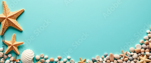 Seashells and starfish on turquoise background for summer blogs, beach-themed designs, travel websites, vacation advertisements, ocean conservation awareness, and coastal decor inspiration photo