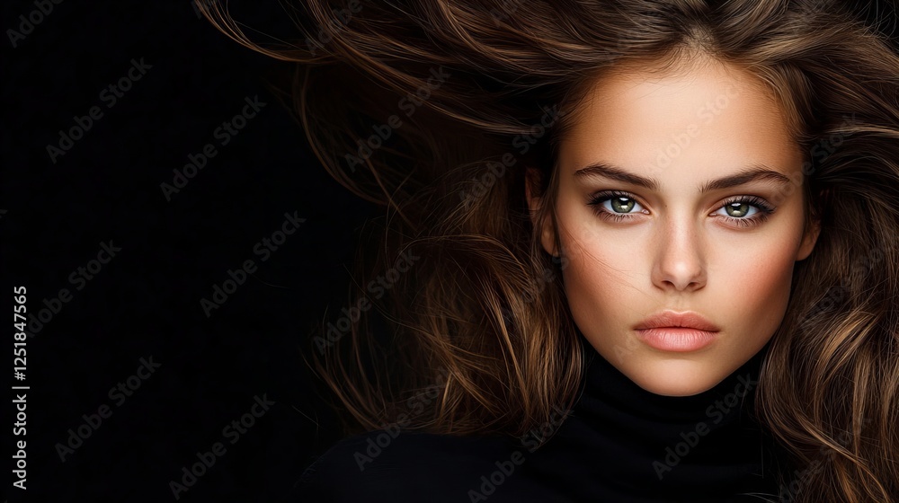 Fototapeta premium Portrait of a woman with long, flowing brown hair and green eyes, wearing a black turtleneck against a dark background.