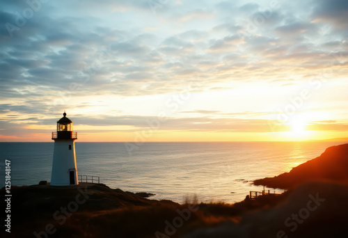 Beautiful sunset casts vibrant colors over the Atlantic Ocean near Peggy's Cove, highlighting the iconic lighthouse against the horizon.