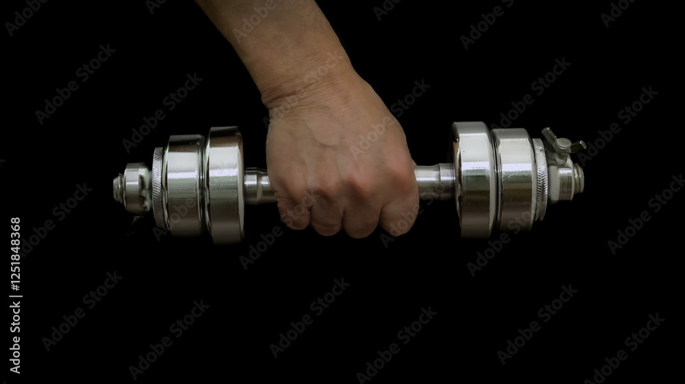 Hand gripping shiny dumbbell against dark background