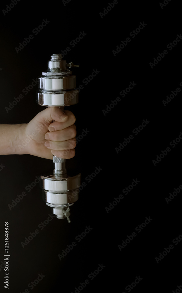 Hand gripping shiny dumbbell against dark background