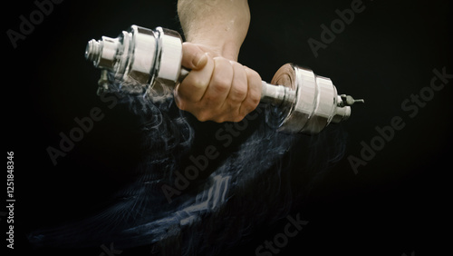 Obraz na płótnie Strength training with a heavy dumbbell in motion w salonie