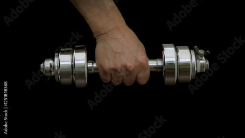 Hand gripping shiny dumbbell against dark background