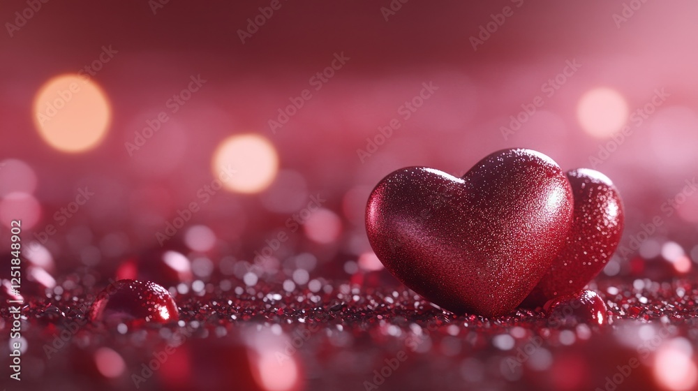Fototapeta premium Two red hearts, bokeh background, Valentine's Day, romantic, greeting card