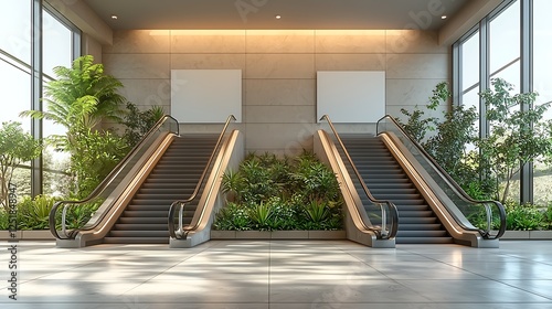 Modern interior showcasing two blank billboards and escalators in a commercial setting