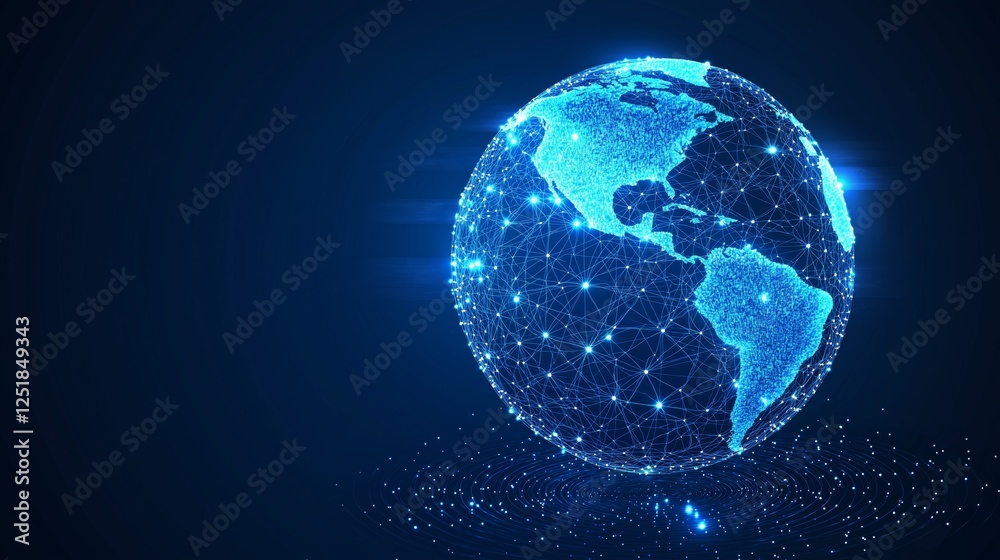 Naklejka premium Glowing blue digital Earth with interconnected data points, representing AI-driven connectivity, blockchain technology, and futuristic global networking, Generative AI