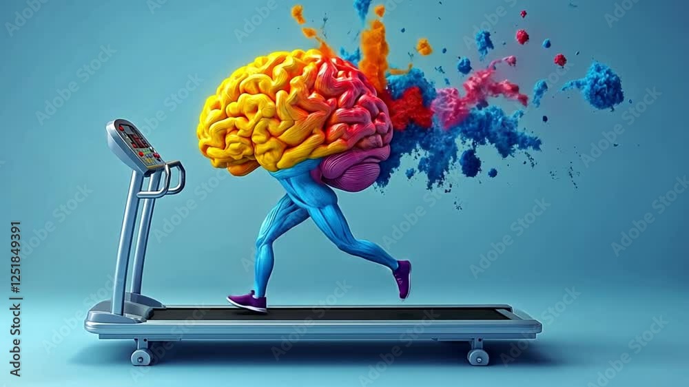 Human brain bursting with colorful ideas while running on a treadmill
