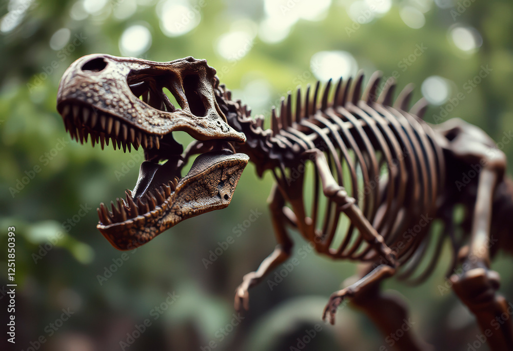 Fototapeta premium Skeleton of a Tyrannosaurus Rex showcased in a museum, highlighting the grandeur of prehistoric creatures for visitors to admire.
