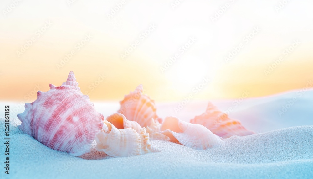 Vivid seashells resting on soft sand, glowing under warm sunset. Vivid seashells resting on soft sand, glowing under warm sunset.