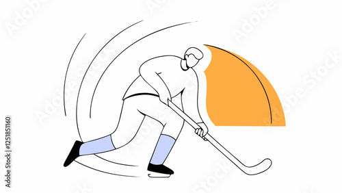 A hockey player is depicted in motion, skillfully maneuvering their stick as they skate forward. The minimalist design is accentuated by bold lines and a splash of yellow in the background.AI