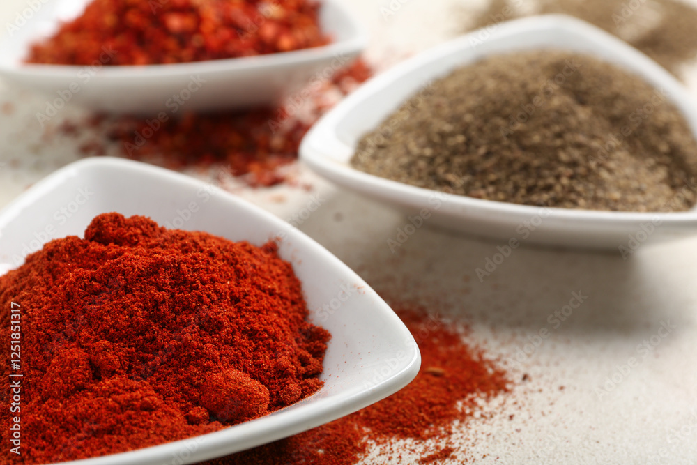 Plates with fresh spices on light background, closeup Plates with fresh spices on light background, closeup