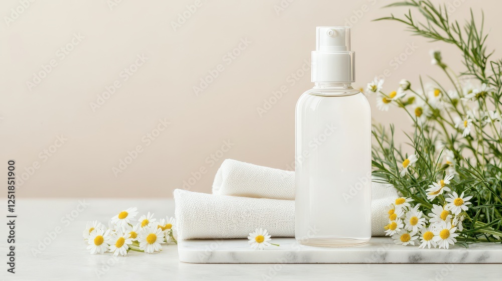 A minimalistic scene featuring a clear spray bottle, white towels, and fresh flowers, conveying a sense of relaxation and skincare. A minimalistic scene featuring a clear spray bottle, white towels, and fresh flowers, conveying a sense of relaxation and skincare.