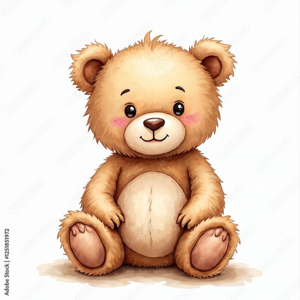 Fototapeta premium Adorable watercolor illustration of cute brown teddy bear doll isolated on white background. Smiling plush toy with pink cheeks for baby shower, birthday cards, poster designs. Graphic resource for