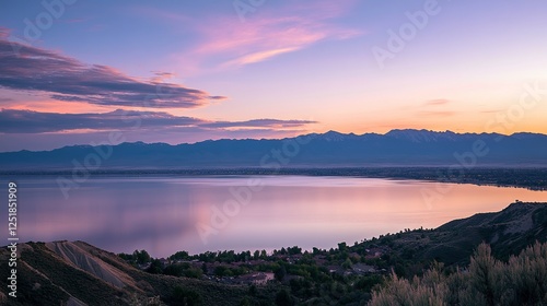 Serene sunset reflection over lake mountainous landscape scenic photography twilight viewpoint nature's beauty