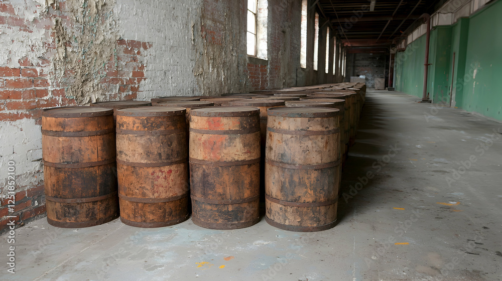 Old wooden barrels in a derelict factory warehouse. Industrial storage, background texture Old wooden barrels in a derelict factory warehouse. Industrial storage, background texture